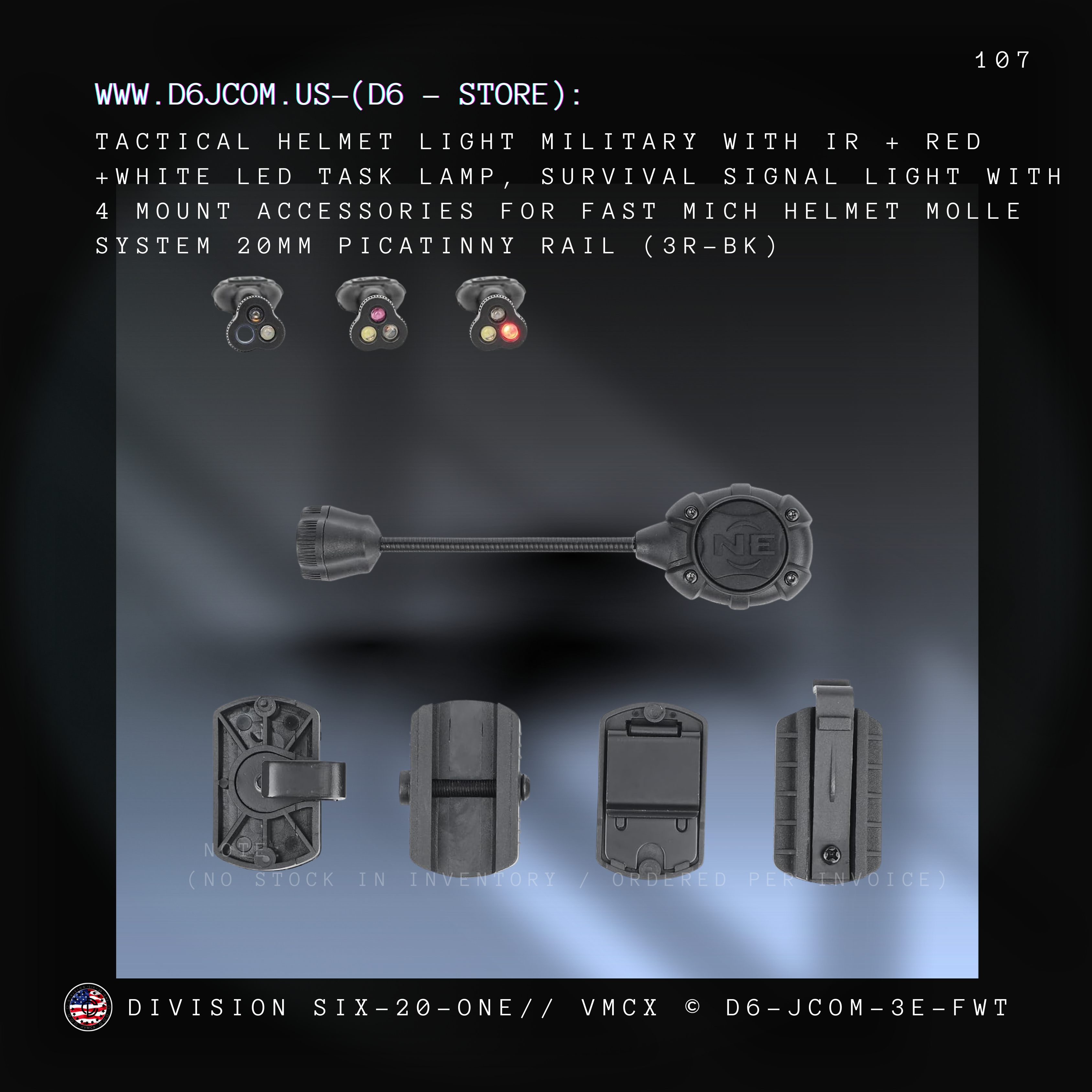 NECARL Tactical Helmet Light Military with IR + Red +White LED Task Lamp /Helmet Rail (Black)