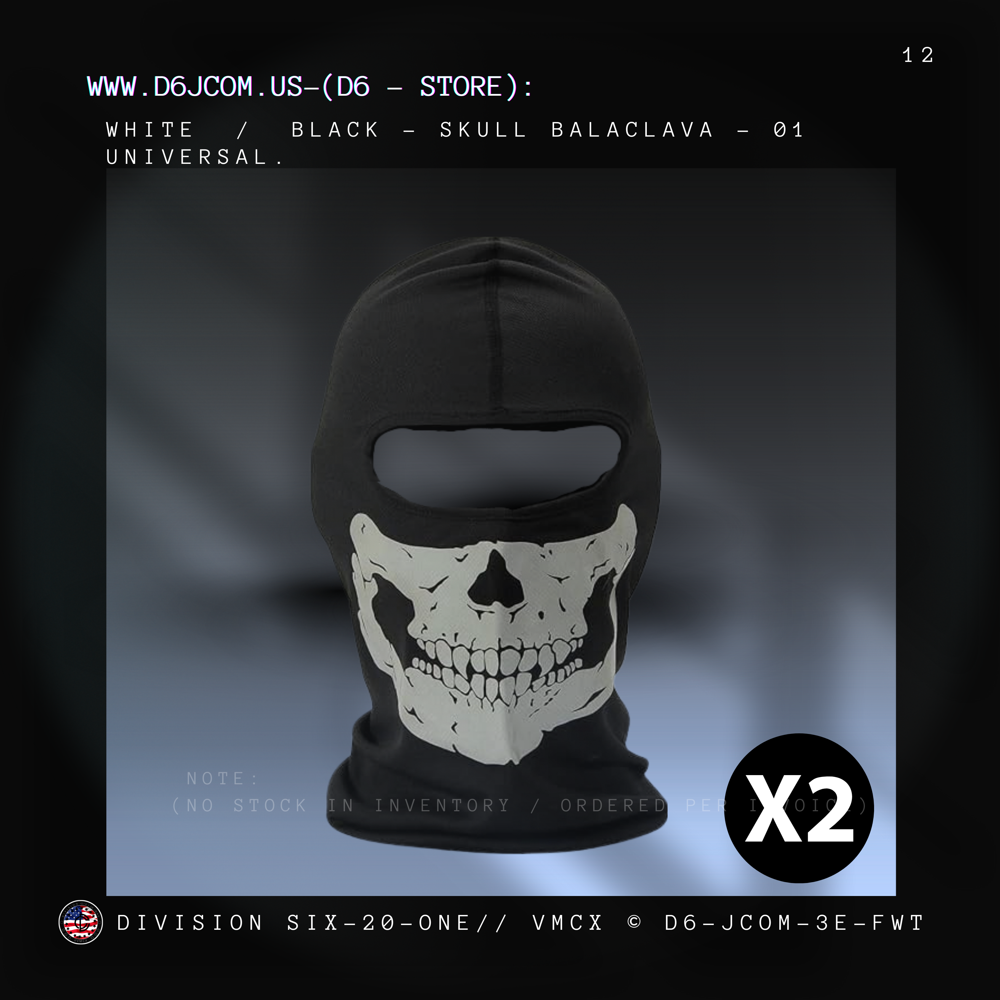 Unisex Skull Balaclava - lightweight  (Black & Grey / White & Black)