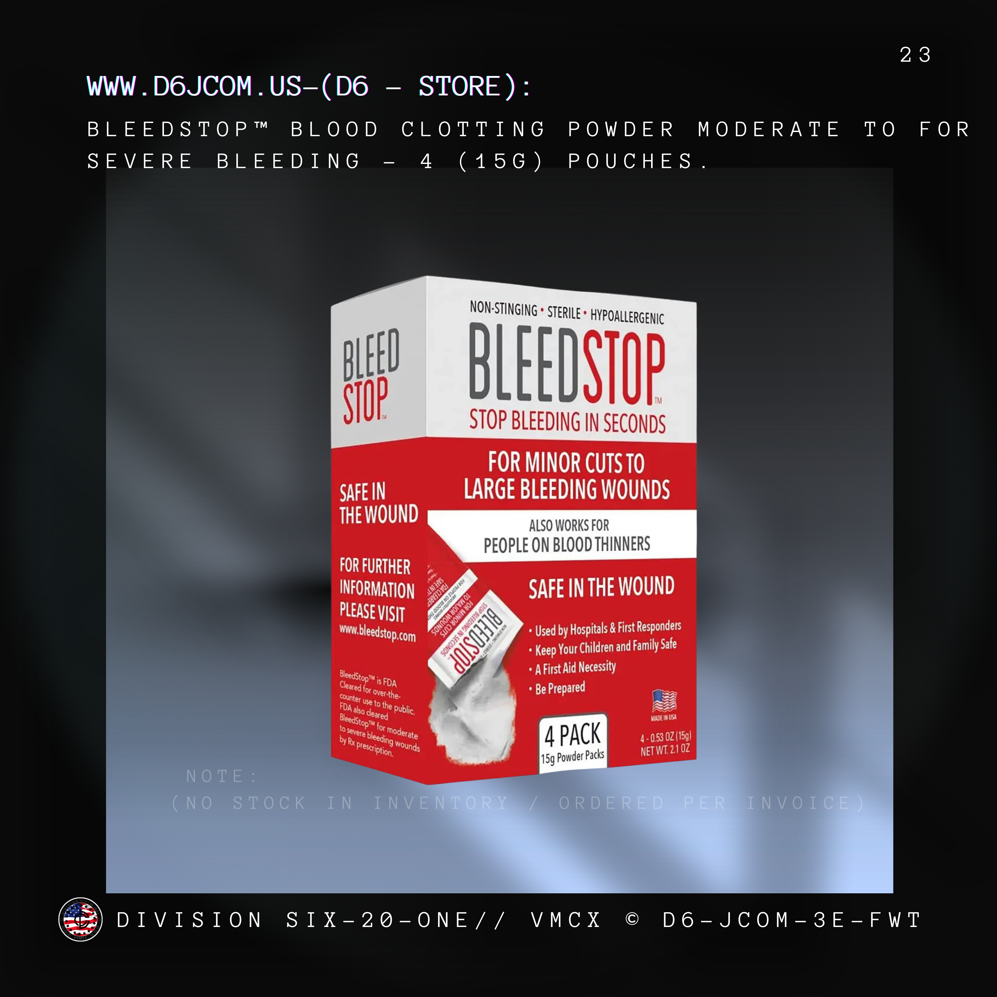 BleedStop™ First Aid Powder for Moderate to Severe Bleeding Wounds or Nosebleeds - 4 (15g) Pouches