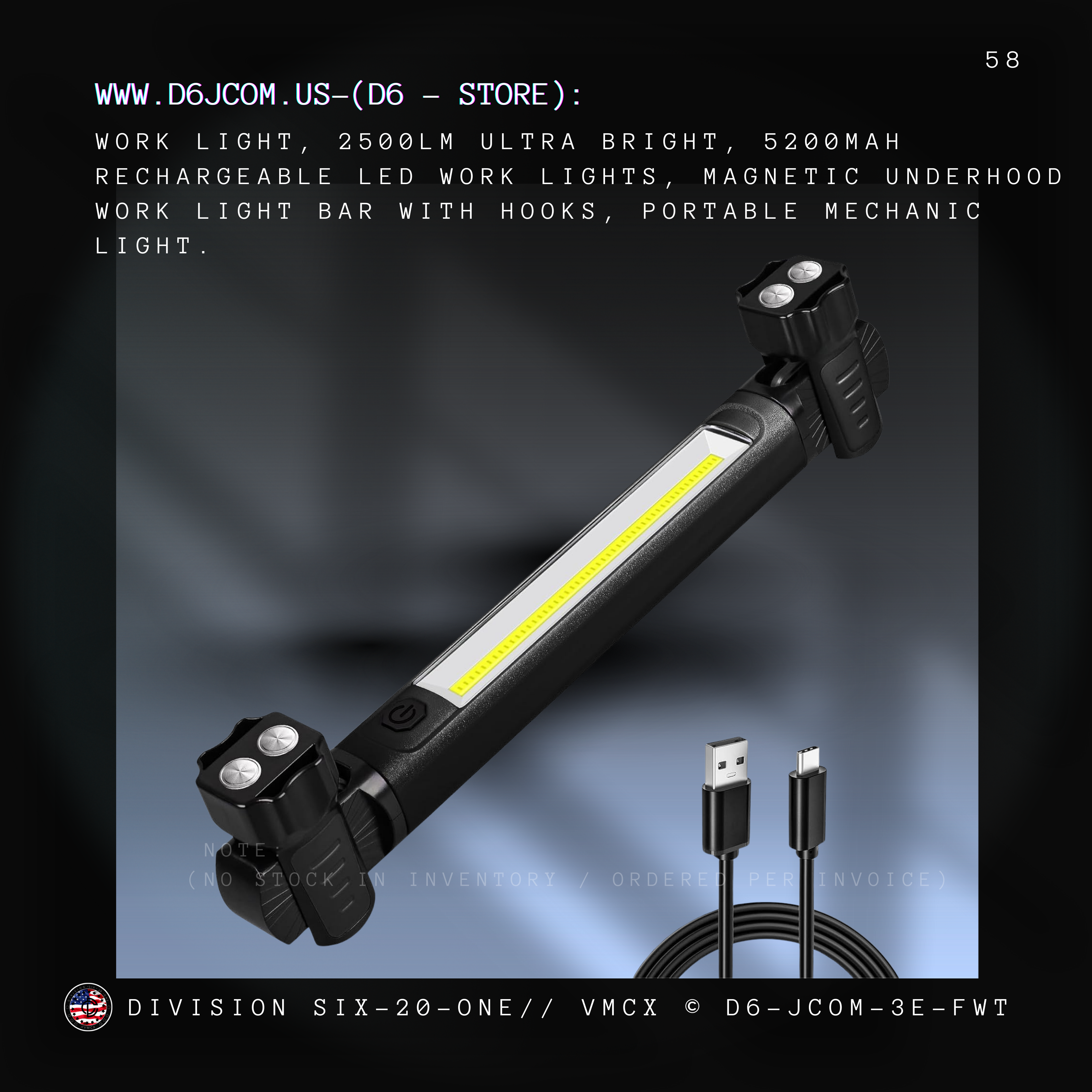 Work Light, 2500LM -  5200mAh Rechargeable LED, Magnetic - Portable Mechanic Light
