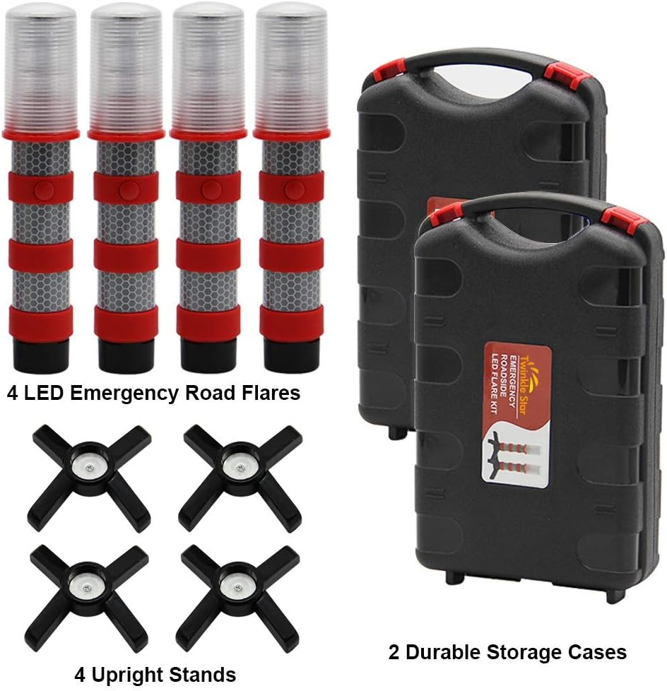 Twinkle Star LED Safety Strobe Road Warning Light, Set of 4 | Emergency Roadside Flares Kit, Highway Beacon Alert Flare, Magnetic Base, Detachable Stand, Solid Storage Case