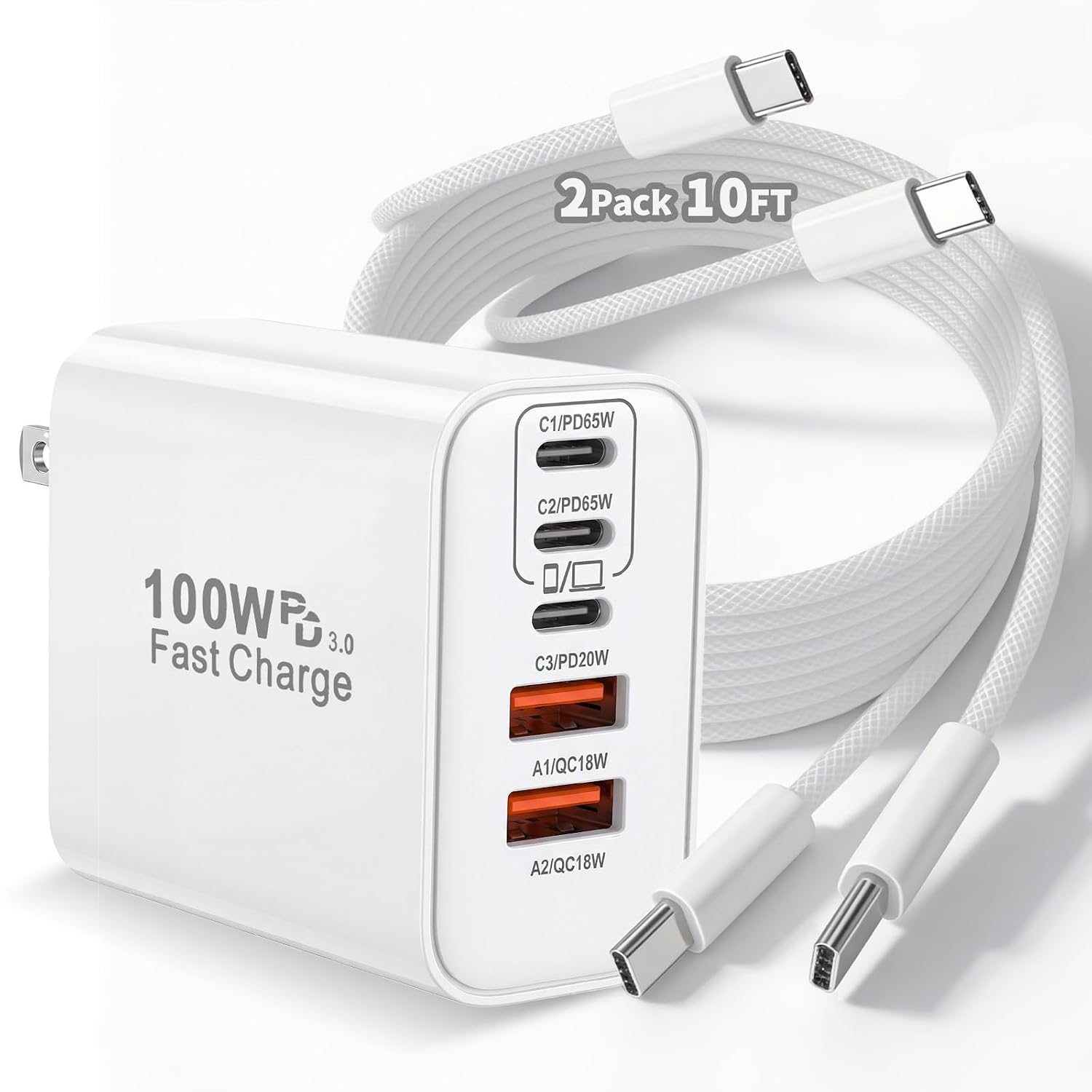 100W USB C iPhone 17 16 15 Charger Fast Charging,2-Pack 10Foot Type C Woven Cable and 1-Pack 5-Port i Phone Charger Fast Charging Block for iPhone 17 Pro/17 Pro Max/Air/16 Pro Max/15 Plus/iPad Pro/Air