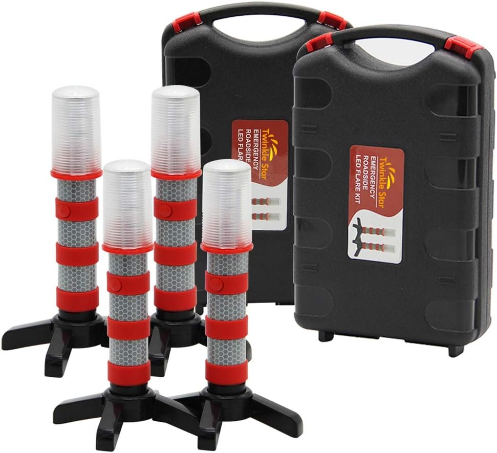 Twinkle Star LED Safety Strobe Road Warning Light, Set of 4 | Emergency Roadside Flares Kit, Highway Beacon Alert Flare, Magnetic Base, Detachable Stand, Solid Storage Case
