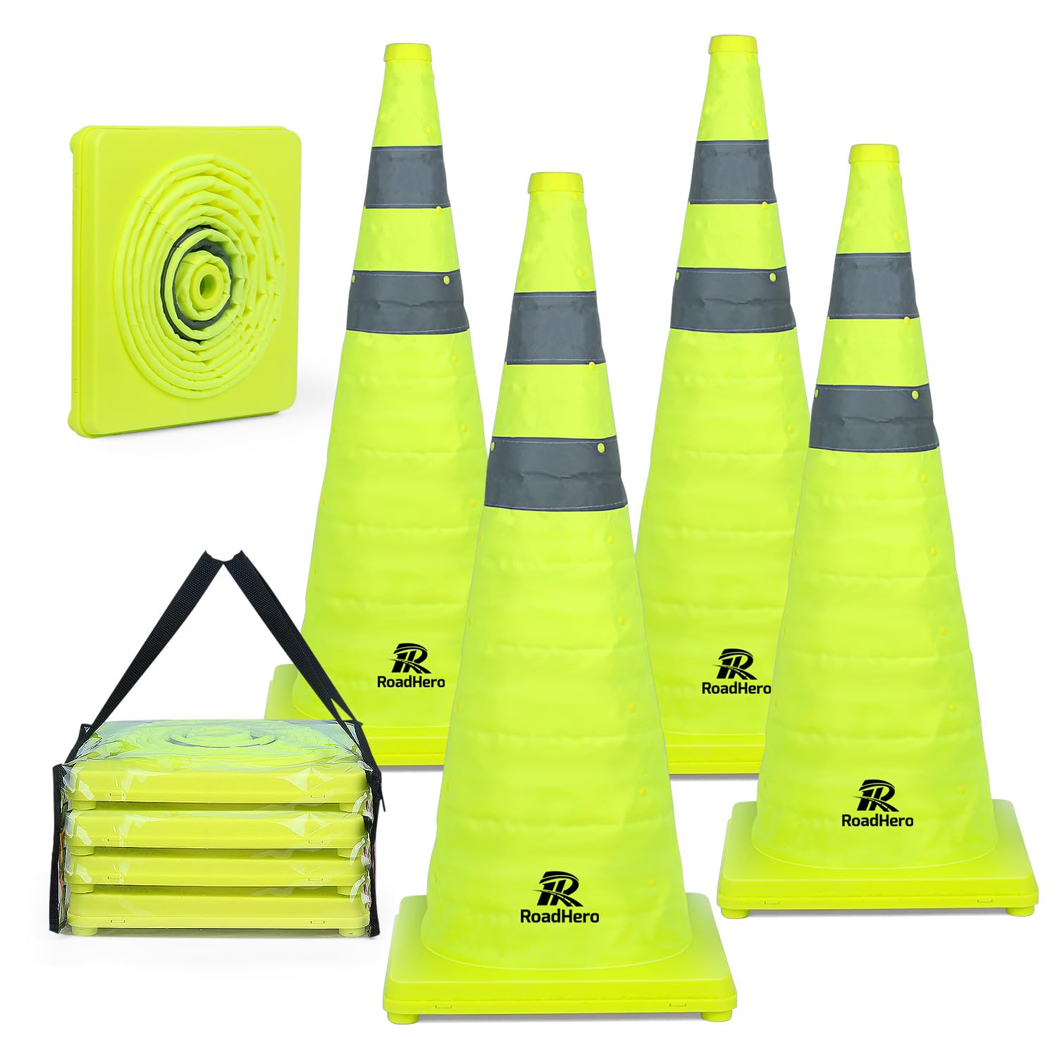 RoadHero 28 Inch 4 Pack Collapsible Traffic Safety Cones with Bag, Green | Pop-up Design, Reflective Collar, Road Safety, Driving Training & Parking Lots