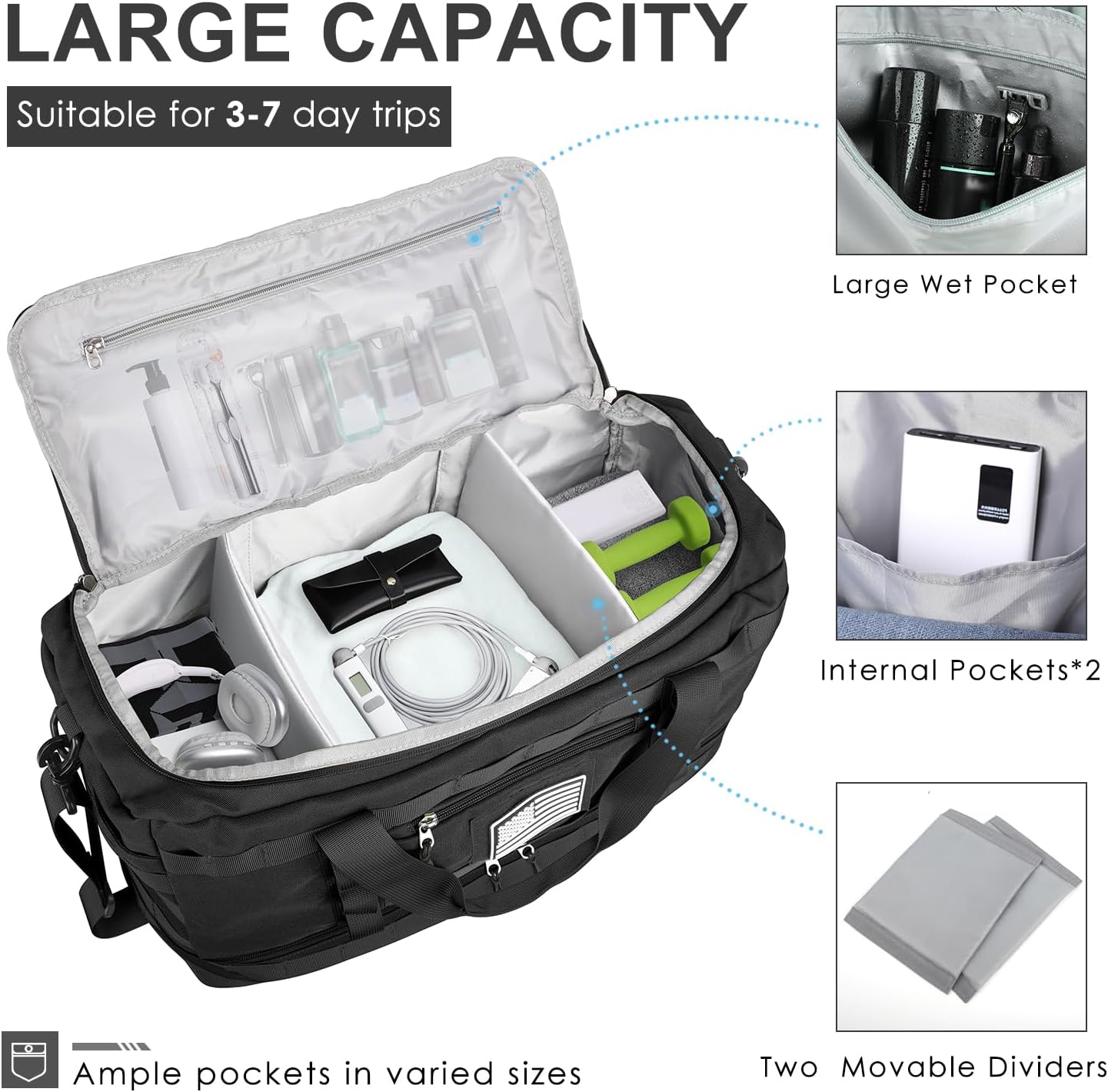 Travel Bag for Men Women, Large Gym Bag & Tactical Duffle Bags for Travel | Carry on with Toiletry Bag and Shoe Compartment, Weekender Overnight Duffel with Wet Pocket for Workout Medical, Black