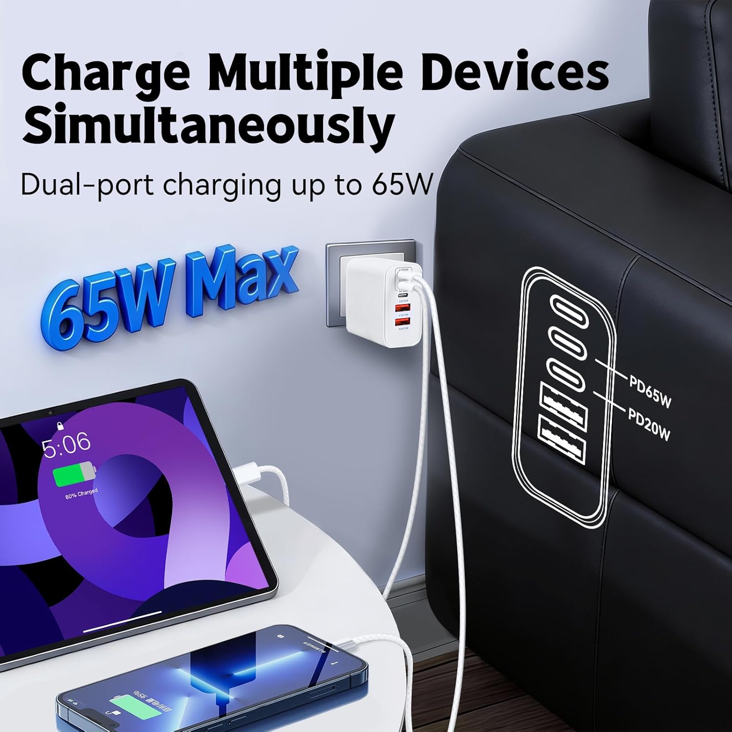 100W USB C iPhone 17 16 15 Charger Fast Charging,2-Pack 10Foot Type C Woven Cable and 1-Pack 5-Port i Phone Charger Fast Charging Block for iPhone 17 Pro/17 Pro Max/Air/16 Pro Max/15 Plus/iPad Pro/Air