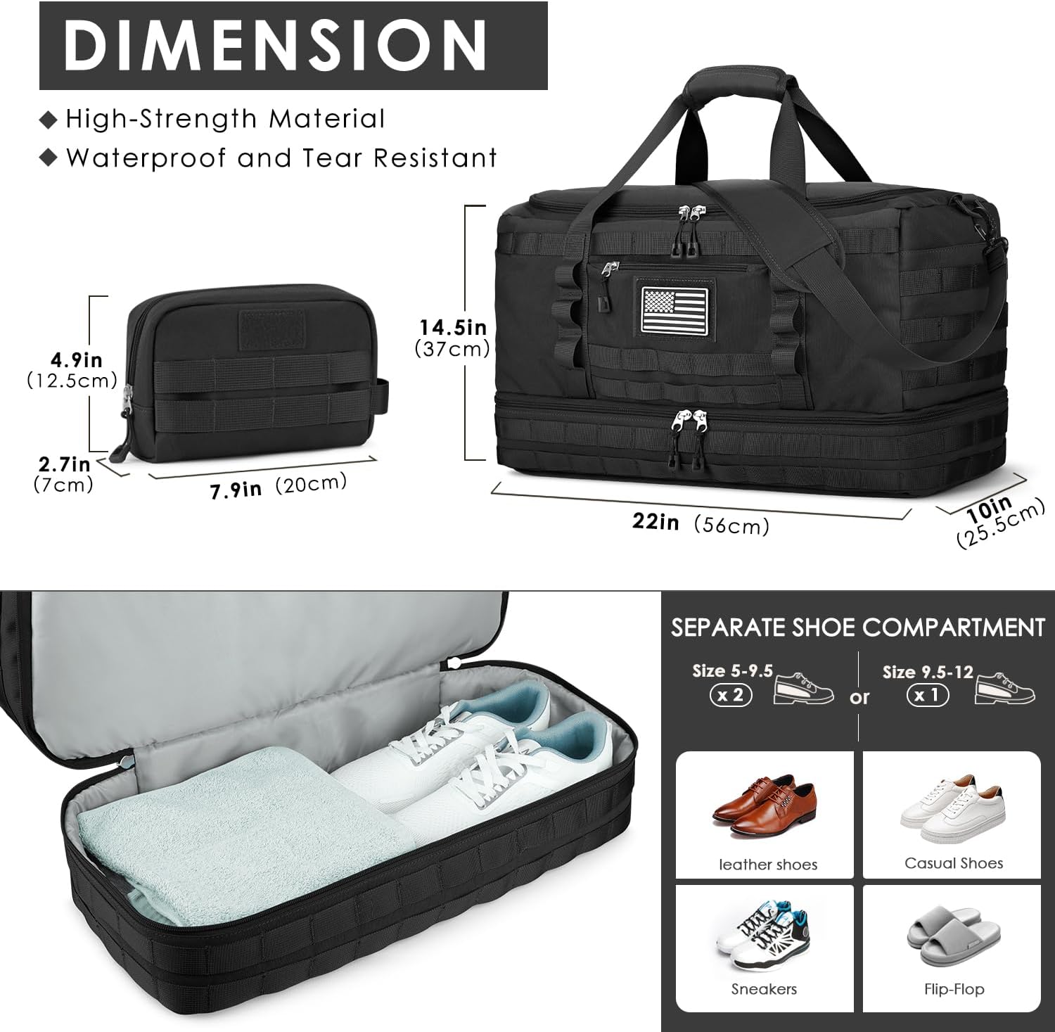 Travel Bag for Men Women, Large Gym Bag & Tactical Duffle Bags for Travel | Carry on with Toiletry Bag and Shoe Compartment, Weekender Overnight Duffel with Wet Pocket for Workout Medical, Black