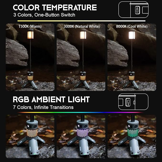 Telescopic Camping Lights with Stand, 40H Playtime, Magnetic Base | 12000mAh Portable Flashlight, RGB Ambient Lighting, Collapsible IPX5 Waterproof for Camping, Hiking and Emergency Use