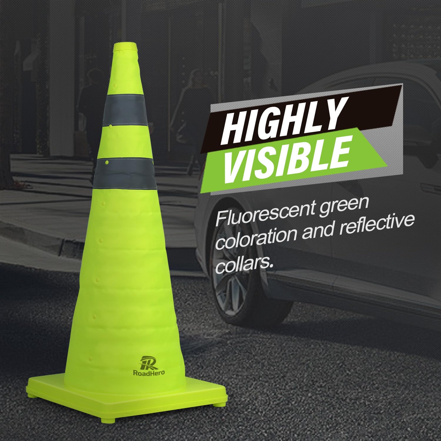 RoadHero 28 Inch 4 Pack Collapsible Traffic Safety Cones with Bag, Green | Pop-up Design, Reflective Collar, Road Safety, Driving Training & Parking Lots